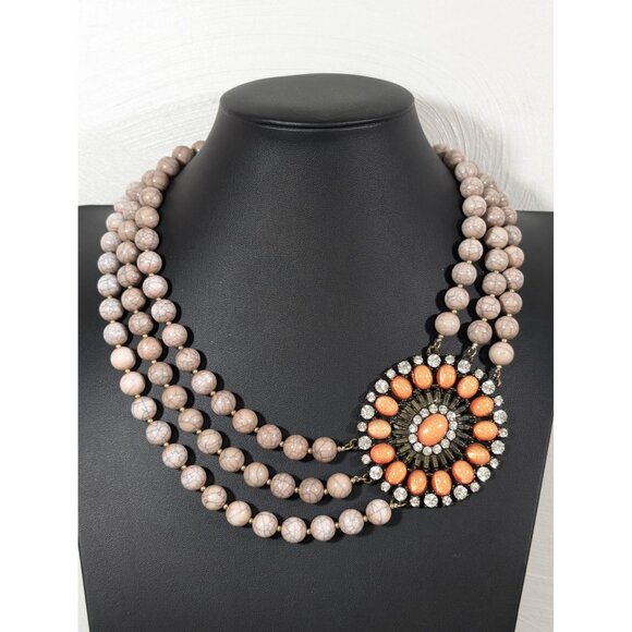 Boho Orange Cabochon Medallion Rhinestone Multi Bead Strand Bib Necklace Stateme - Picture 1 of 11